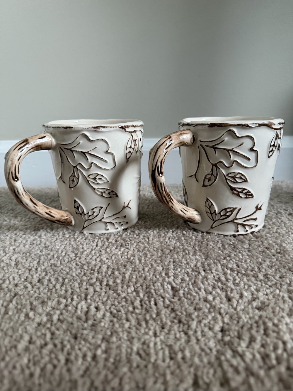 Cream Ceramic Mug Set with Leaf Relief and Brown Accents